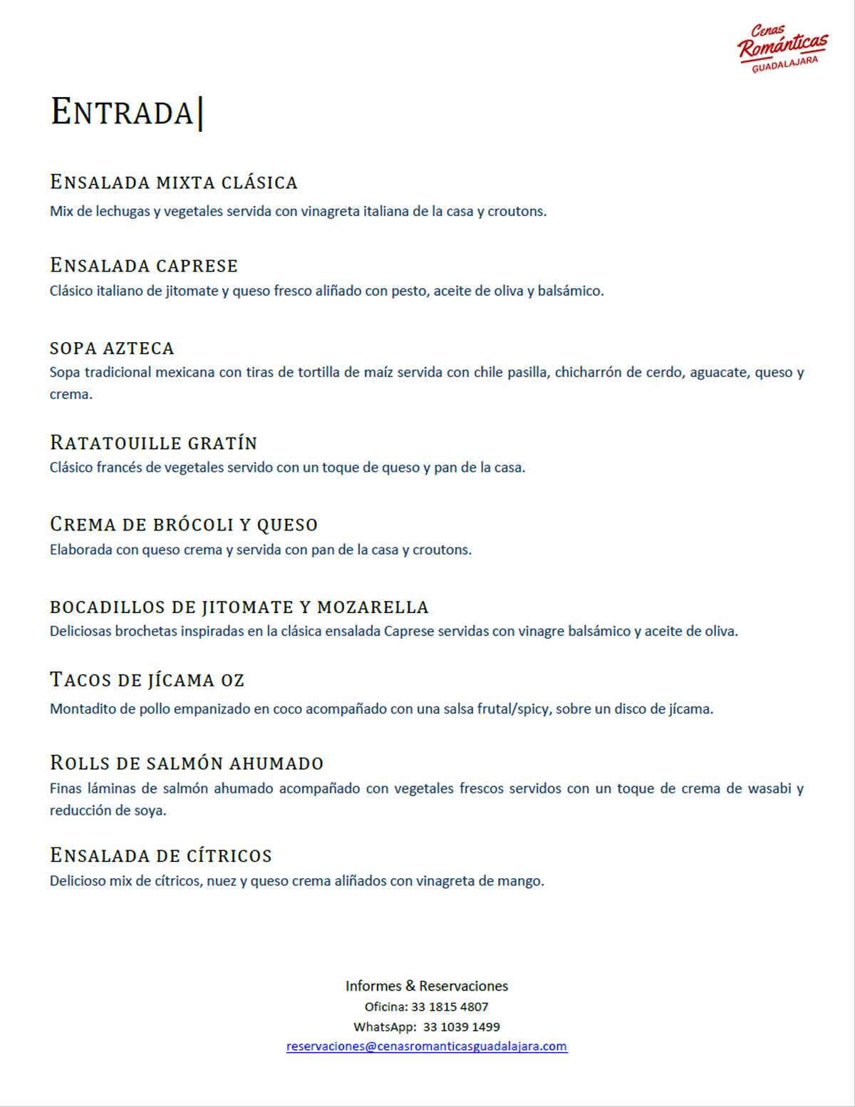Menú Cenas Romámticas en Guadalajara